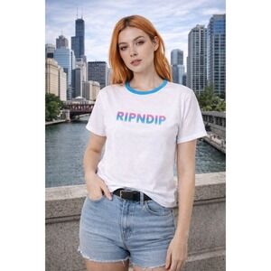 RIPNDIP Digital Dream Cropped Ringer Tee White Blue Size M